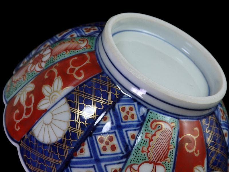 大聖寺伊万里　金襴手　寿紋に輪花楕円変形皿　大振向付　E704AS-CZk