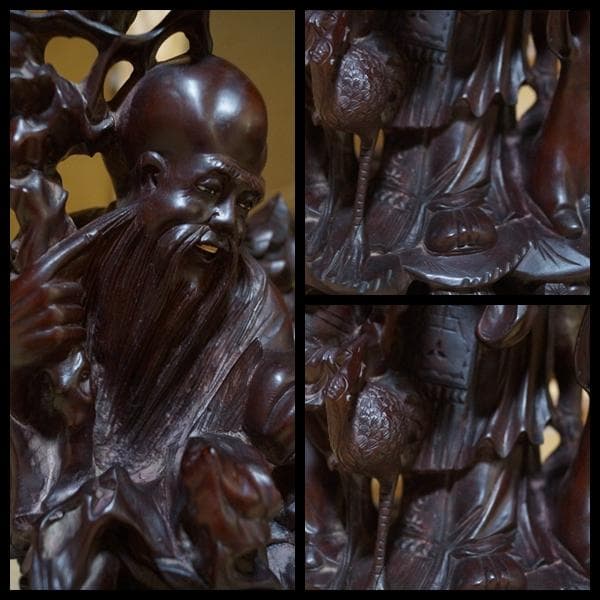 中国美術/ 唐木彫細工彫り『唐子寿老人立像 桃仙人』 置物 高41.5m