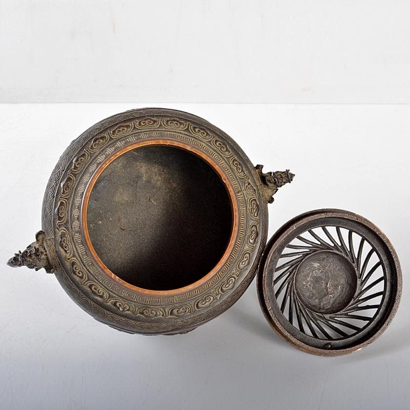 高岡銅器　米田秀保作　蝋型鋳銅　獅子摘　山水鳥文　双龍耳香炉　M　R5503