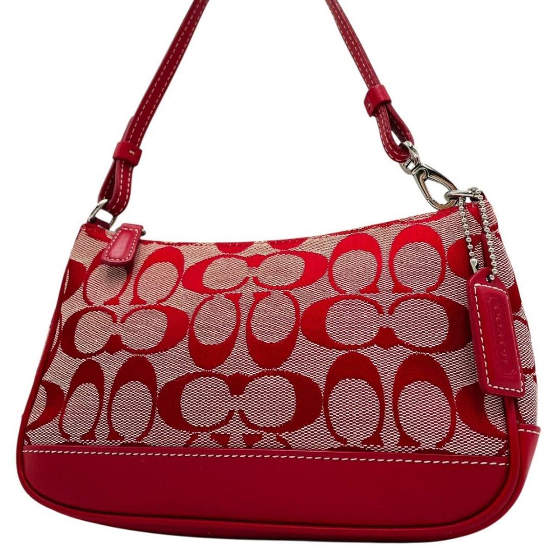 美品 コーチ アクセサリーポーチ ショルダー キャンバス レッド シグネチャー