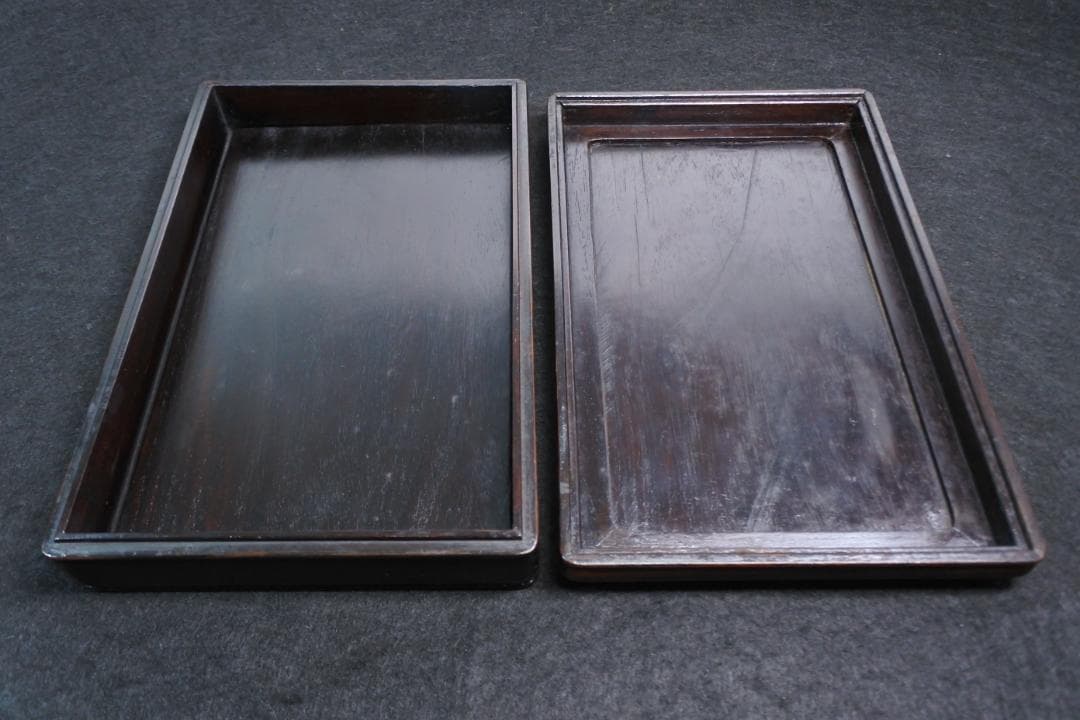 古い硯箱 文箱 紫檀 漢詩 漢文 木彫 骨董 書道