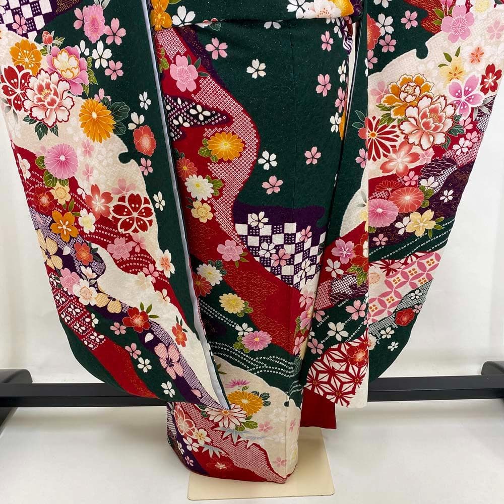 振袖フルセット 緑 グリーン 成人式 草履バック付 裄66cm S-188