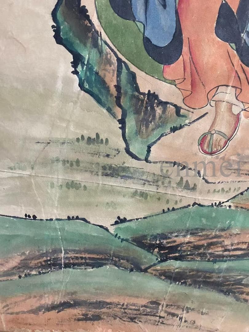 中国古美術・旧藏・明代風・丁雲鵬款・仏像図・絹本・中堂掛軸・純手描き・書画・骨董