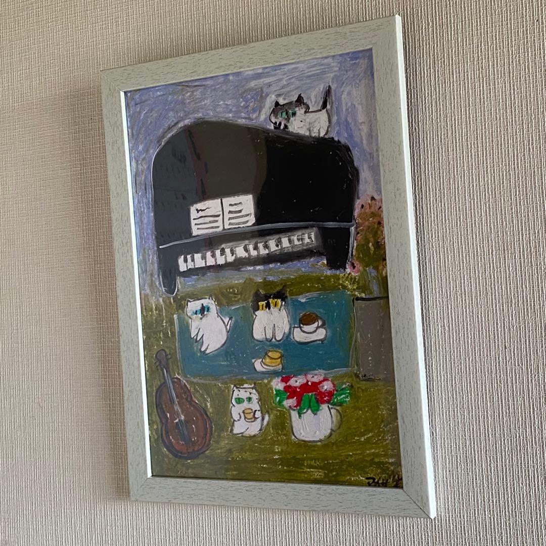 絵画。壁掛け原画【可愛い猫たちのロマンチックなピアノ演奏会】