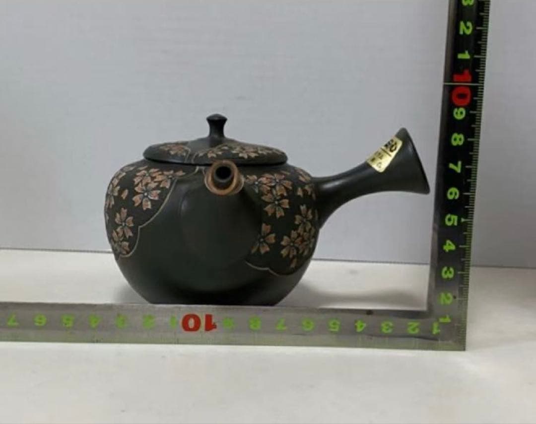 13号 緑泥丸形桜彫急須舜園 常滑燒 陶磁器 二代間野舜園 在銘