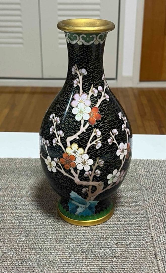 桜と鳥の装飾 陶器花瓶　中国美術 七宝焼 景泰藍　花瓶細工 アンティーク 骨董品