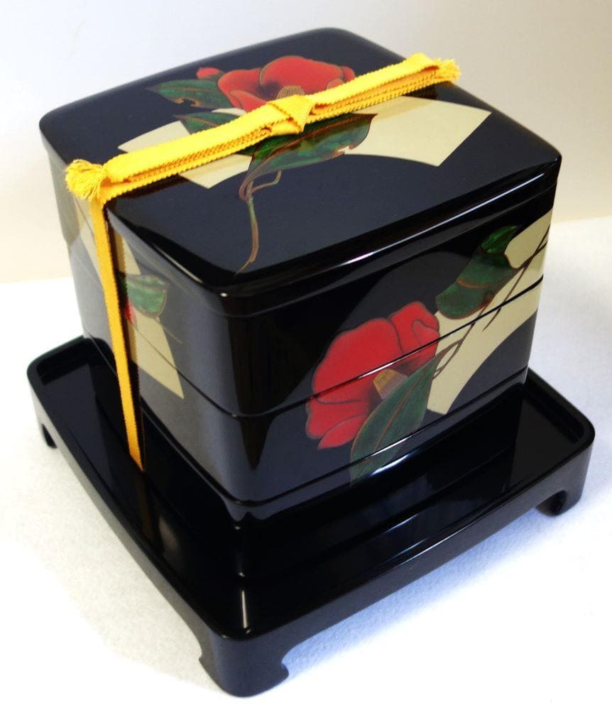 未使用 輪島塗 椿に扇 三段重箱