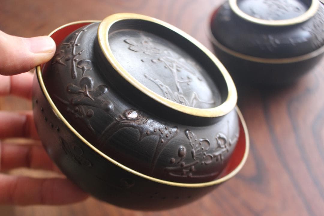 デッドストック！風情ある鉄錆塗に見返し富士蒔絵の映える煮物椀2点（検会津塗蒔絵椀