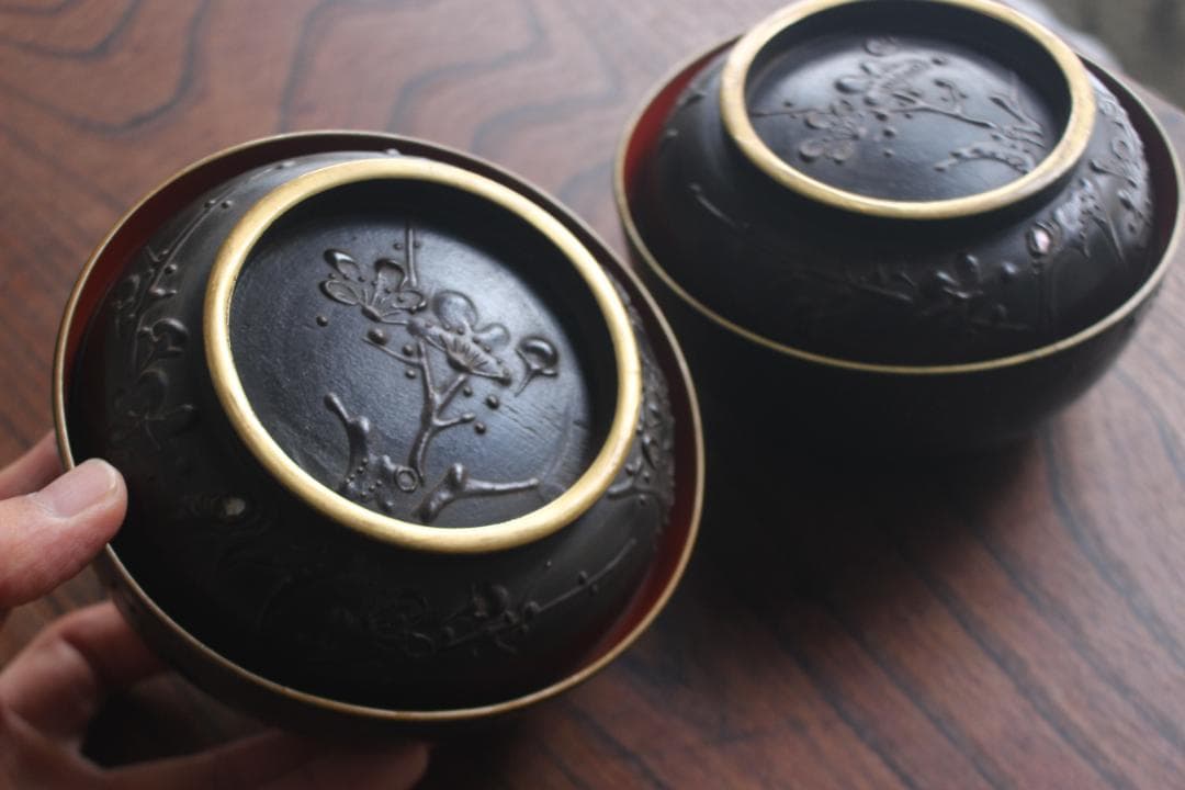 デッドストック！風情ある鉄錆塗に見返し富士蒔絵の映える煮物椀2点（検会津塗蒔絵椀