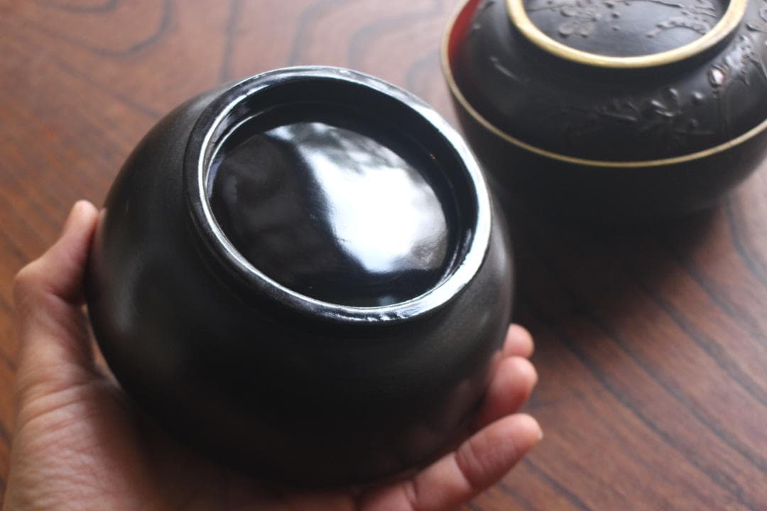 デッドストック！風情ある鉄錆塗に見返し富士蒔絵の映える煮物椀2点（検会津塗蒔絵椀