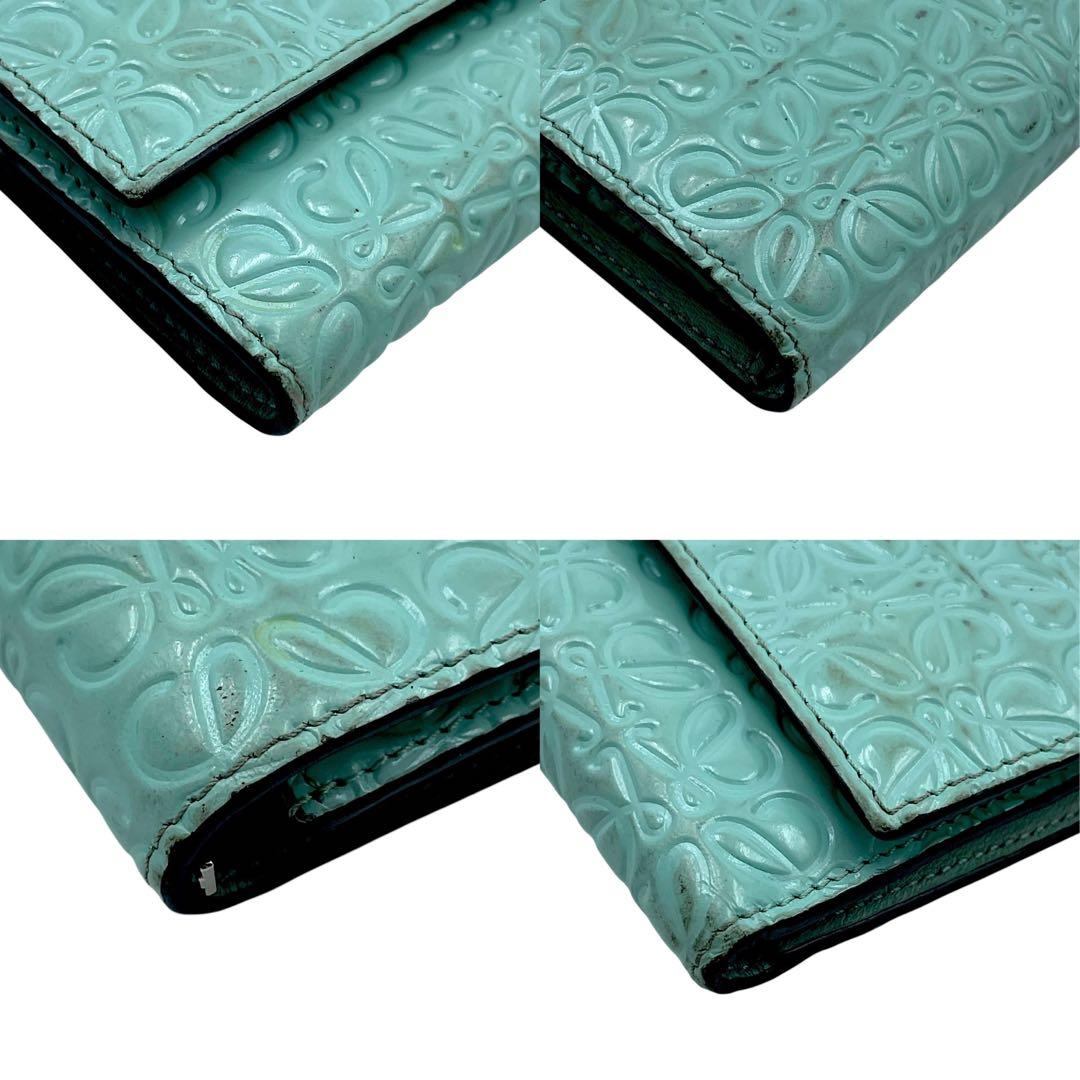 【微美品】LOEWE ロエベ　折り財布　アナグラム　総柄　水色　レザー