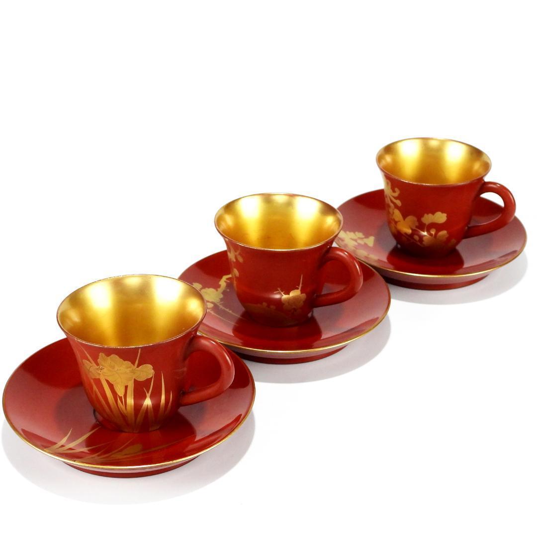 漆器 赤金 花柄 カップとソーサー 6客セット