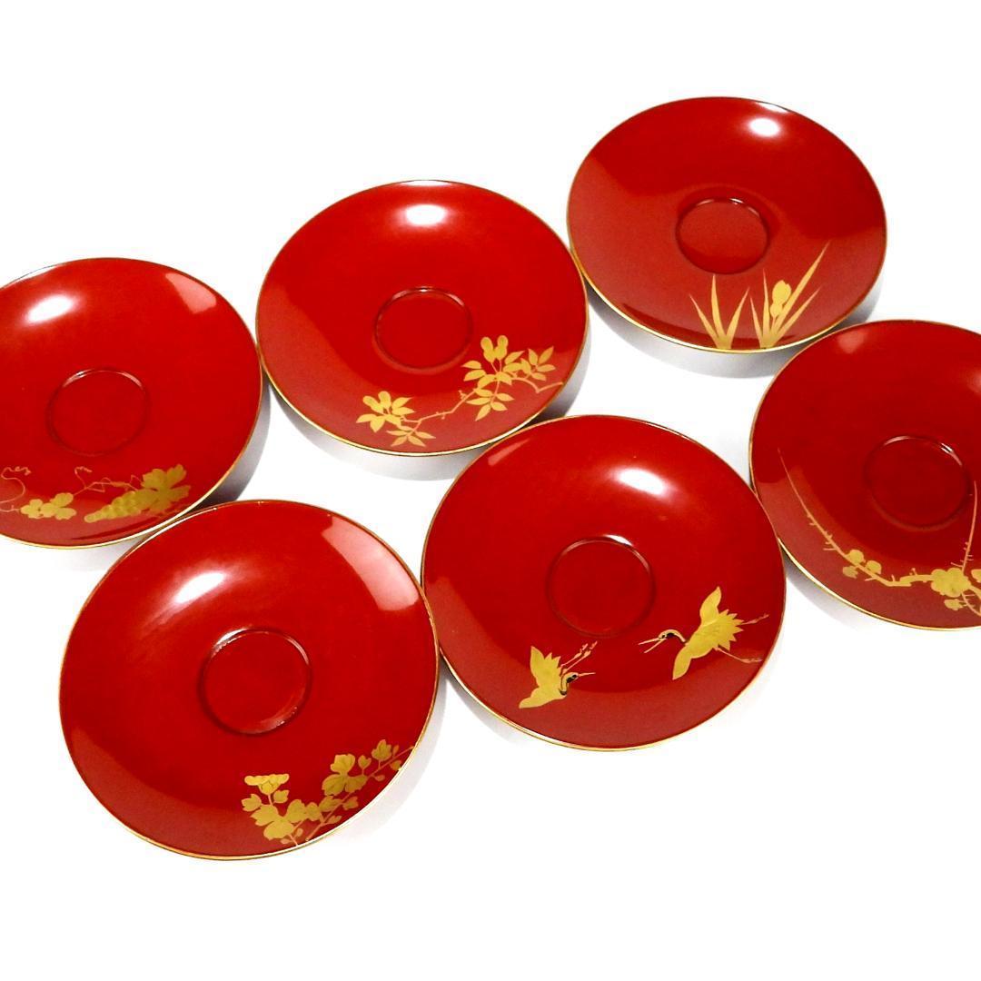 漆器 赤金 花柄 カップとソーサー 6客セット