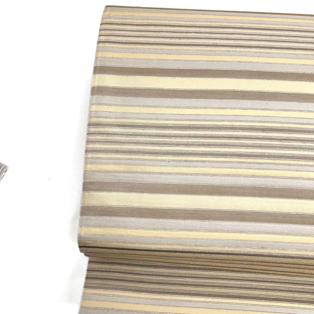 未着用　全通　袋帯　ムガシルク　金銀糸　横縞　ベージュカラー　着物　071a p