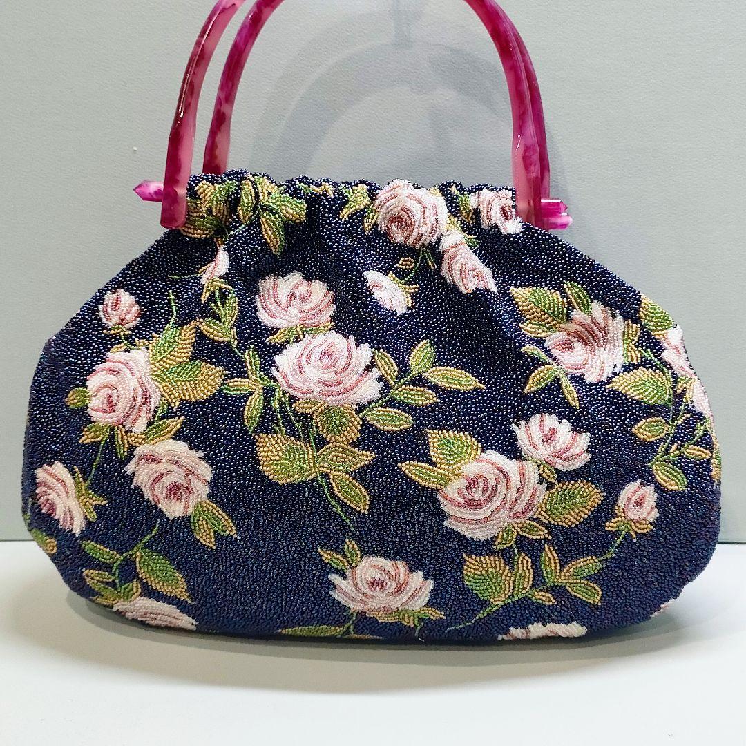総ビーズバッグ レトロデザイン バラ柄 ネイビー ハンドバッグ