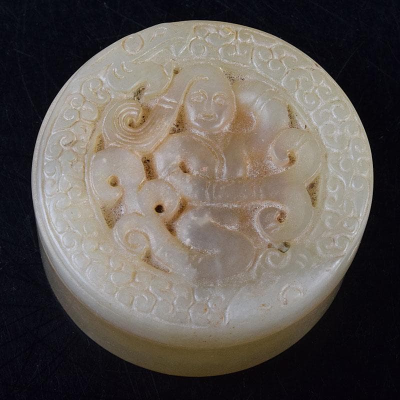 中国　玉石白玉彫刻　人物彫　盒子　蓋物　C　R8624