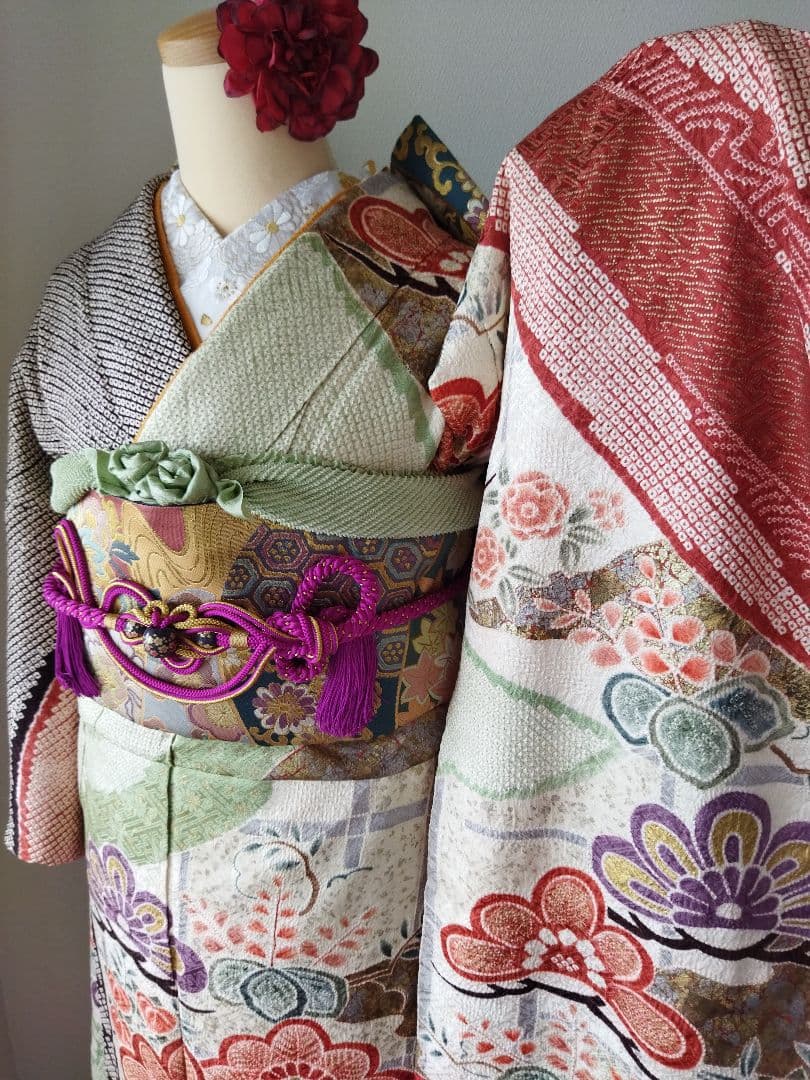 ゆうこ様　424.総絞り　振袖と袋帯の２点セット 正絹　フルセット　成人式
