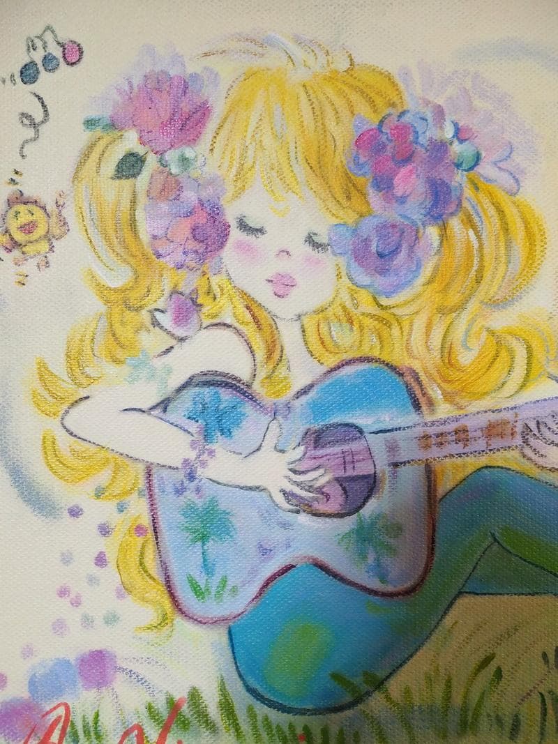 人物画　油絵　水森亜土　金髪の女の子　F6号　額付き　手描き　肉筆