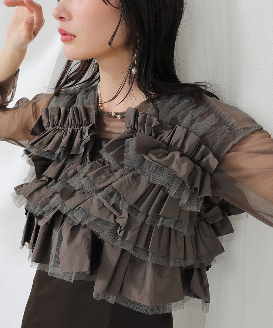 ＊美品＊ボリュームフリルベスト シアートップス キャミワンピ レイヤードドレス