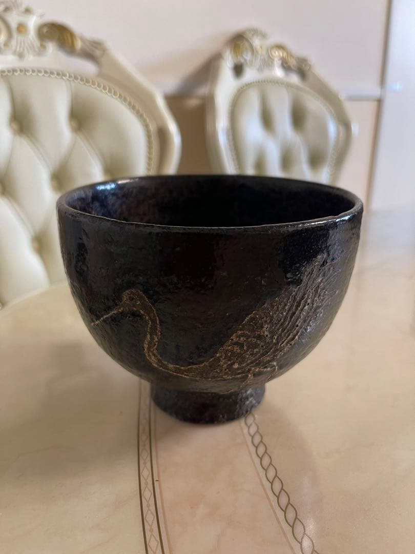 茶道具　尾形乾山造　鶴　黒筒茶碗　極め箱