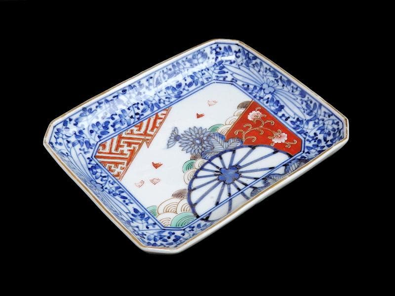 大聖寺伊万里　染錦　波千鳥に菊　花唐草の図　長皿　B288AS-CRn