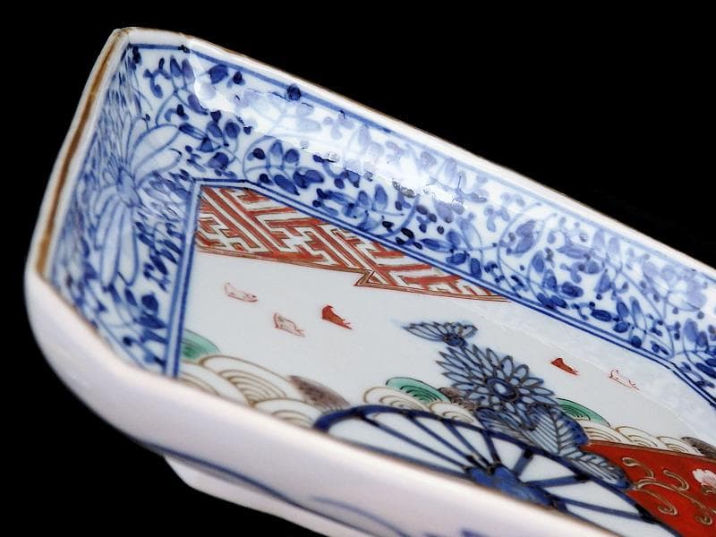 大聖寺伊万里　染錦　波千鳥に菊　花唐草の図　長皿　B288AS-CRn