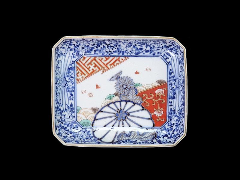 大聖寺伊万里　染錦　波千鳥に菊　花唐草の図　長皿　B288AS-CRn