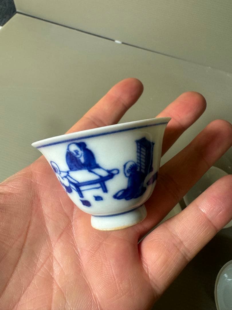 2388  九谷焼　染付　青花　猪口　5客　時代物