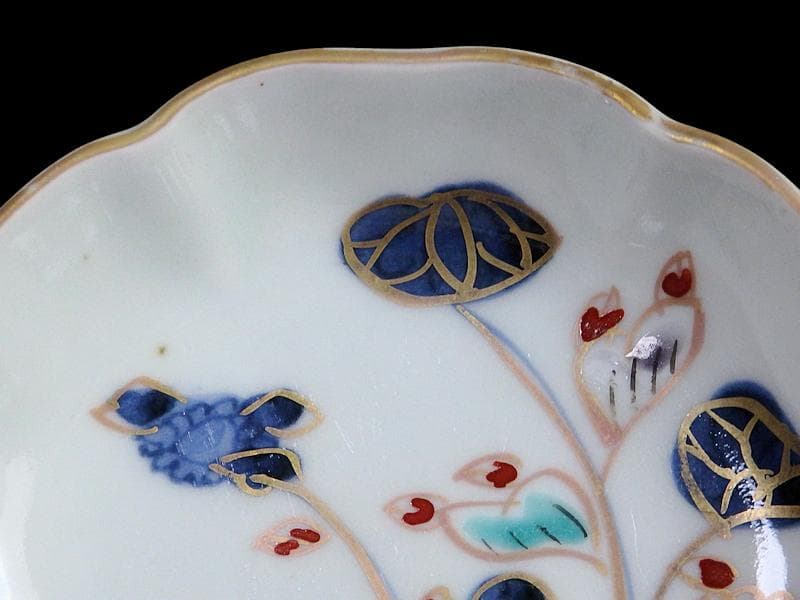 古伊万里 　染錦　河骨紋の図　手塩皿　3寸半皿　４枚 　D417AS-fbuw