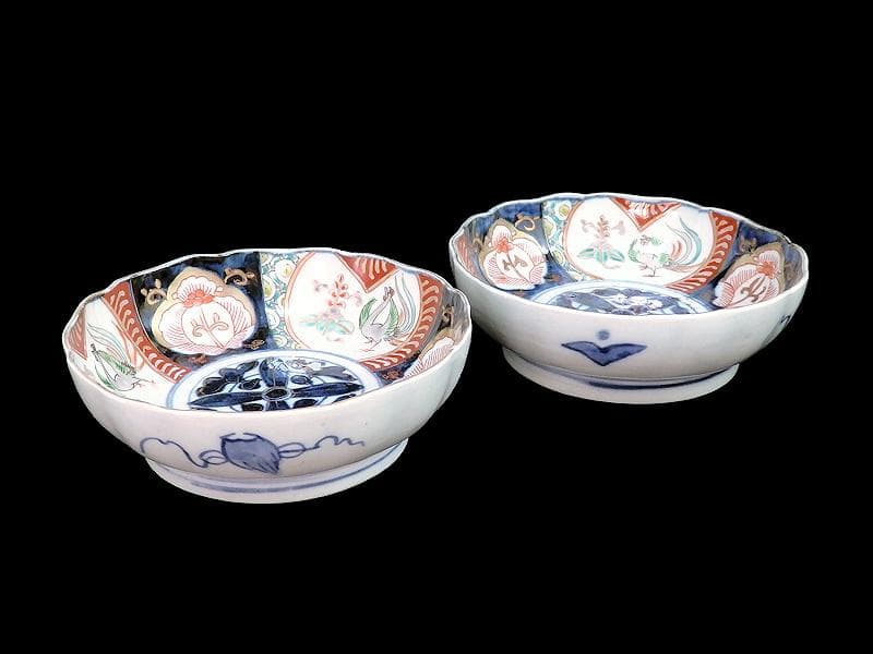 古伊万里  色絵　桐に鳳凰　花の図　膾皿　２客　D124AS-fbrh