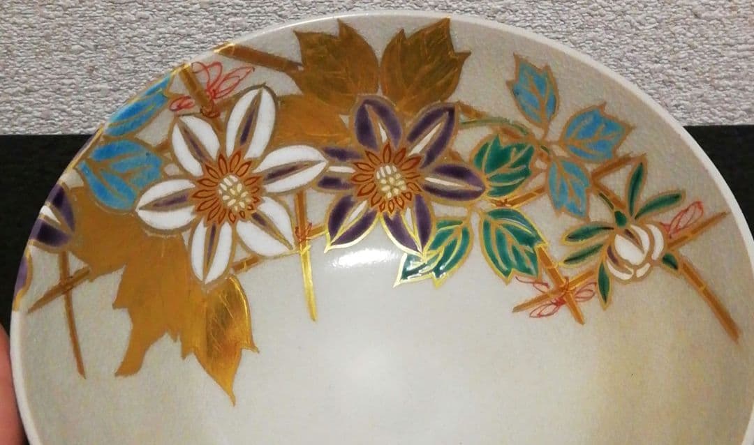 宮川香雲作　竜谷焼　色絵　花図　茶碗　共箱　共布　栞付　茶道具