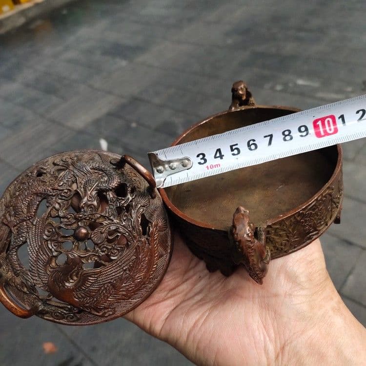 銅器 重工 彫刻 竜鳳薫香炉 美品 茶道具 香道具 工芸品美術品 置物