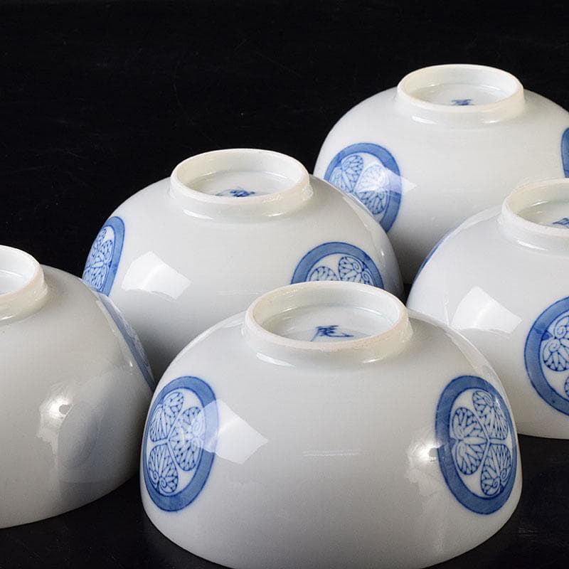 瀬戸焼　古陶園　竹鳳窯　伊藤伊平作 染付　葵紋　汲出茶碗　五客　共箱　C7352