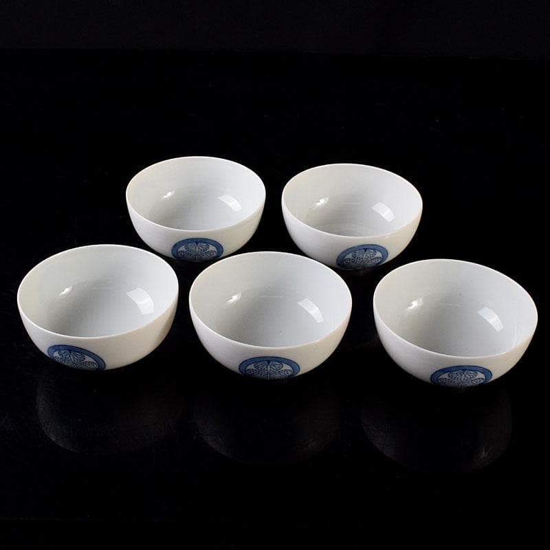 瀬戸焼　古陶園　竹鳳窯　伊藤伊平作 染付　葵紋　汲出茶碗　五客　共箱　C7352