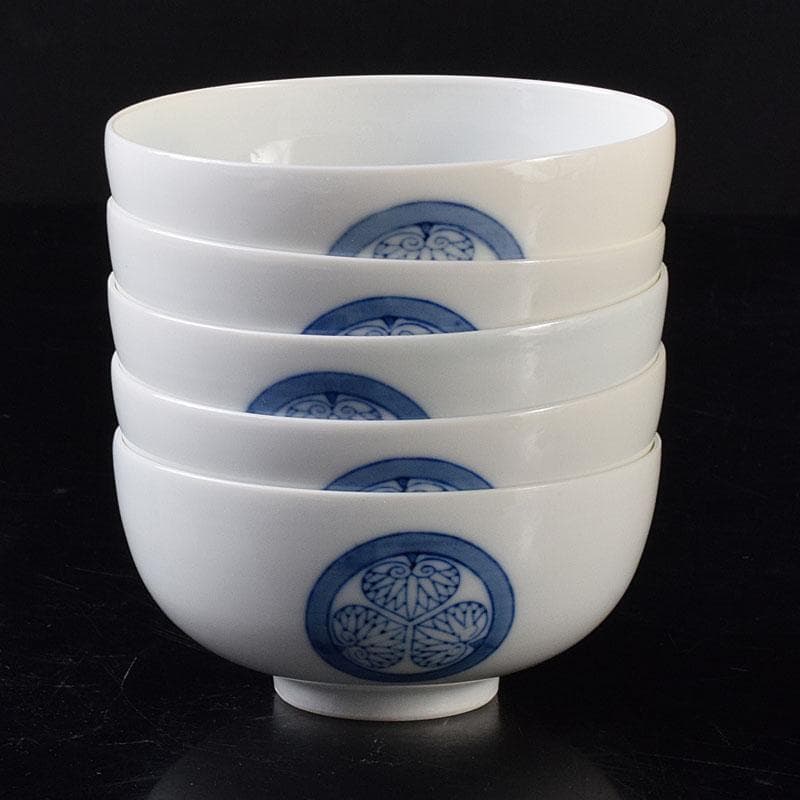 瀬戸焼　古陶園　竹鳳窯　伊藤伊平作 染付　葵紋　汲出茶碗　五客　共箱　C7352