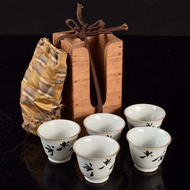 煎茶道具　唐物　漢詩花文　煎茶碗　五客　仕覆・時代箱付　M　R5071