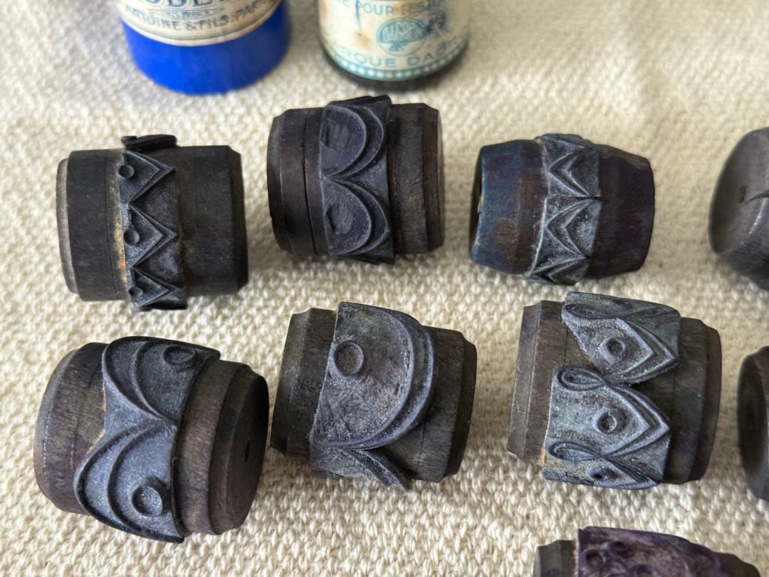 フランスアンティーク　木製スタンプ 15個セット インク瓶付き