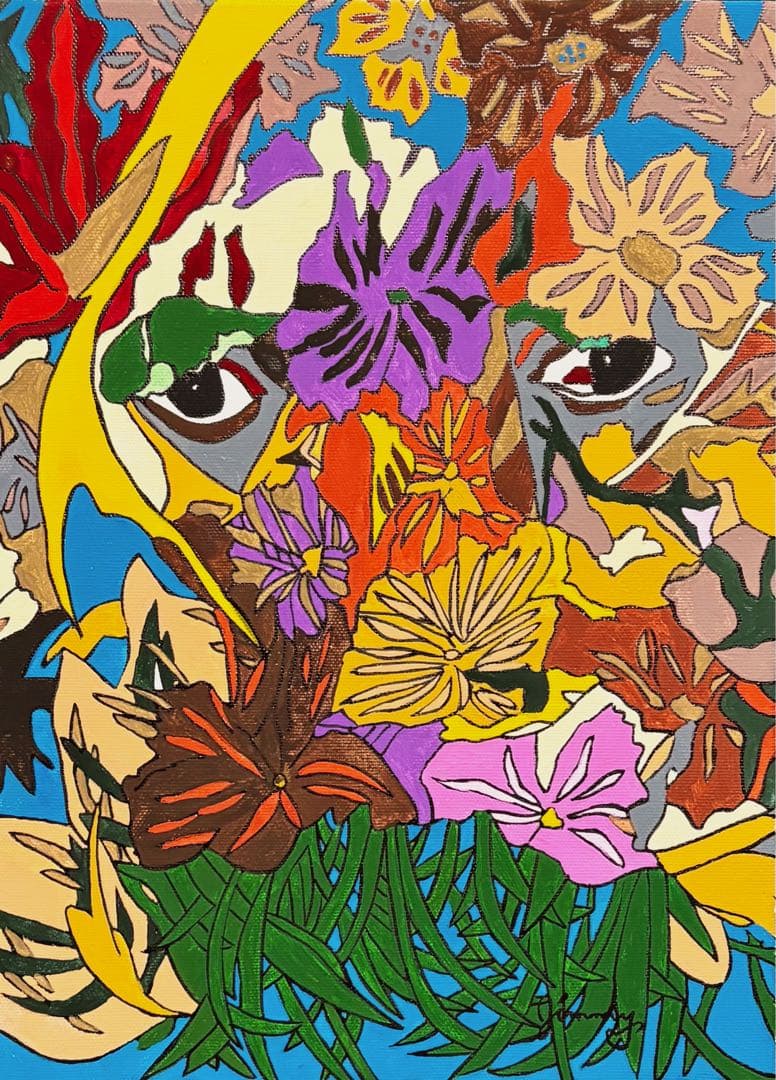 【F4号】手描き油彩　ジミー大西 ジャングルの眼　サイン　落款　額縁　未使用額