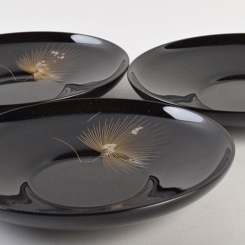 輪島塗　大向高洲堂　黒漆　飛松沈金　銘々皿　五客　箱付　N　9006