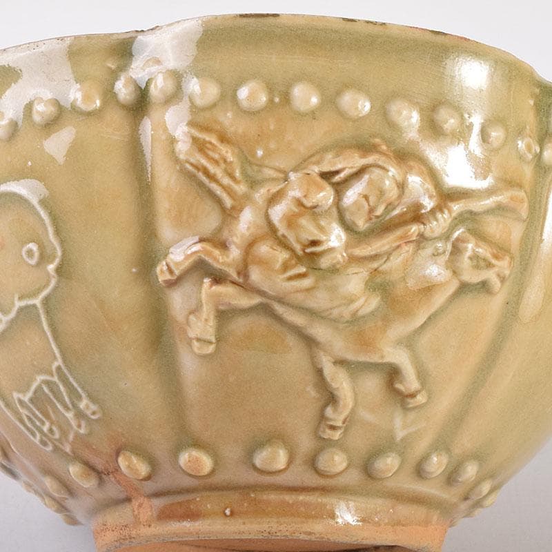 中国　唐　越州窯　青磁　葵花形貼花　茶碗　輪花碗　時代箱　V　R7780