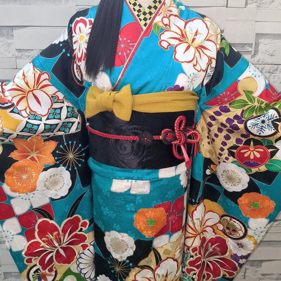 正絹振袖 駒刺繍 紫野 百合 金彩 振袖セット 振袖フルセット 青緑 81