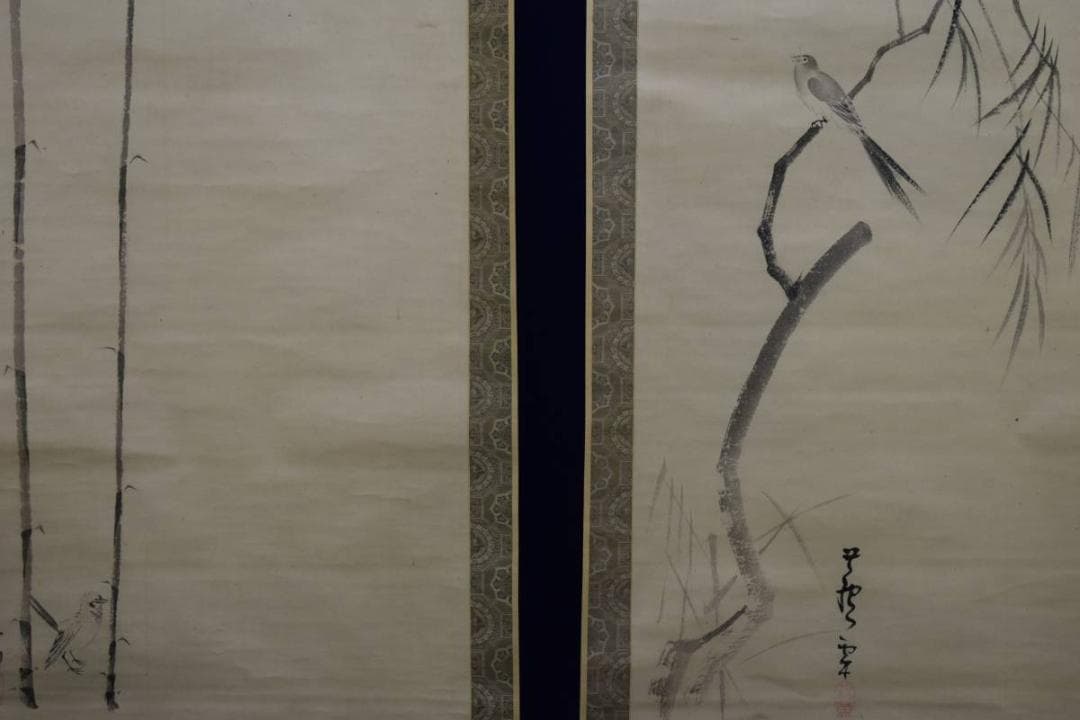 模写/長沢芦雪/竹柳小禽図/双幅/布袋屋掛軸HE-205