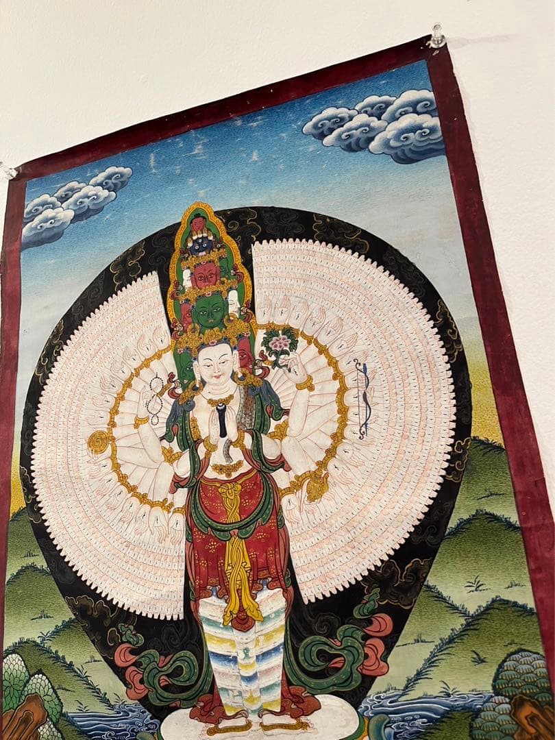 40年前のアンティーク 仏画 手書 タンカ 十一面千手千眼観世音菩薩 33x46