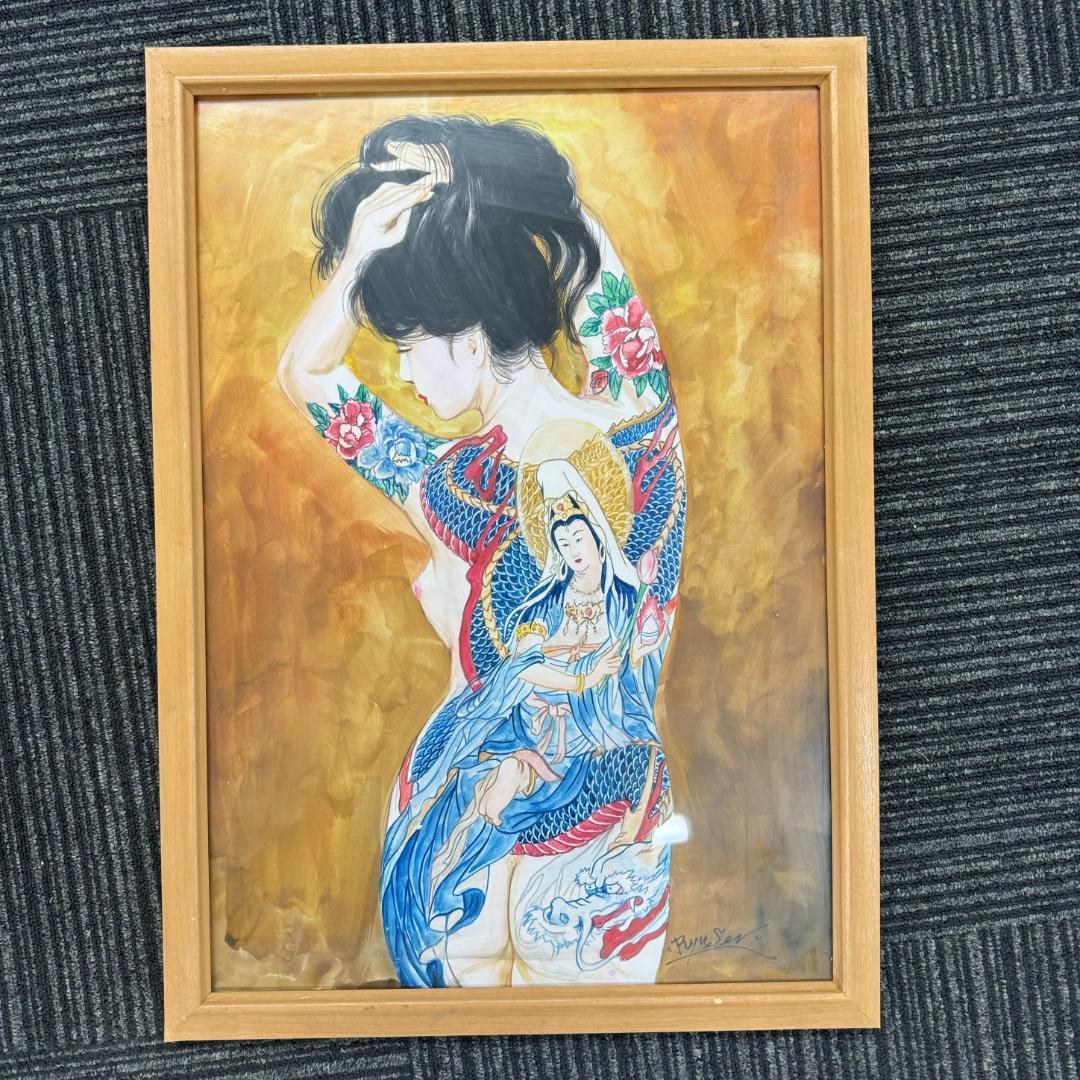 龍泉 リュウセン Ryu sen 刺青 龍上観音図 水彩画 在銘 艶絵