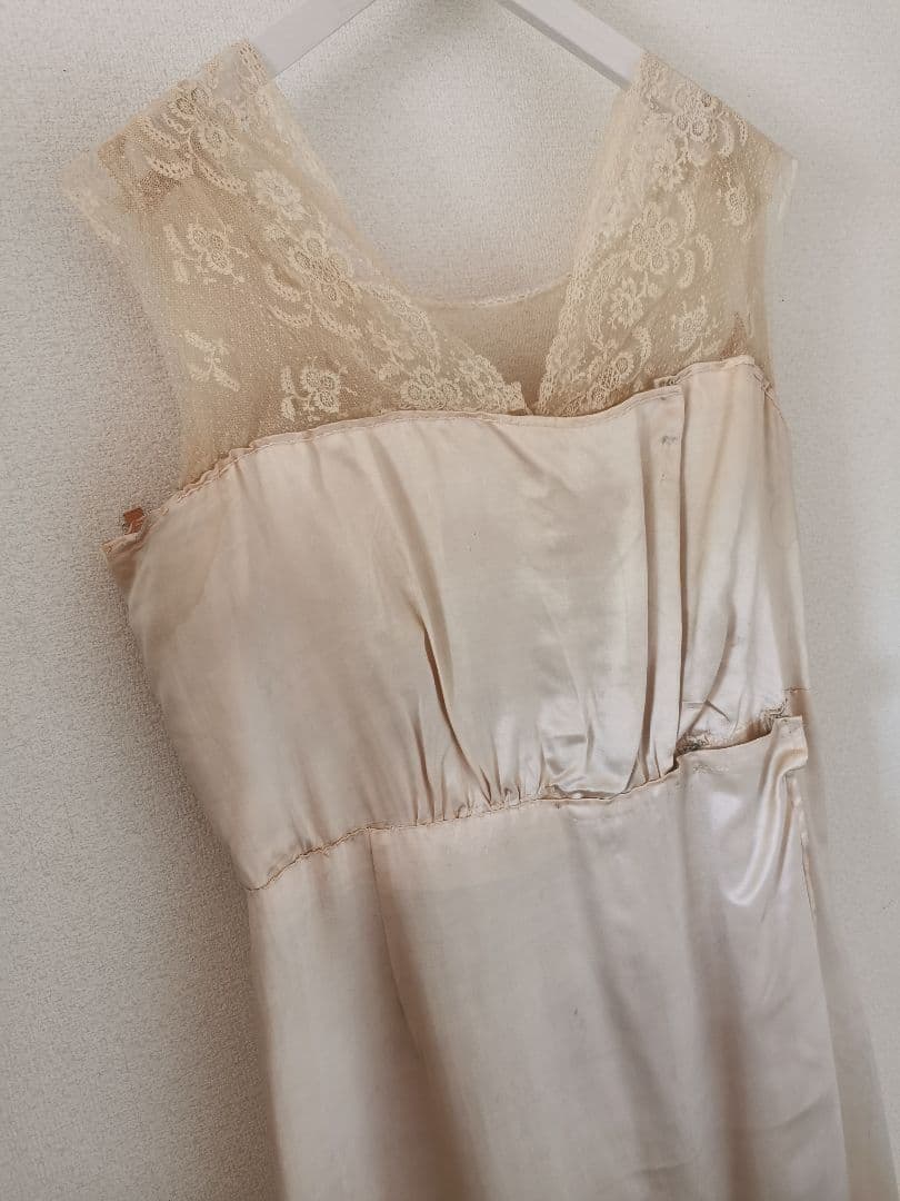 欧米アンティーク キャリックマクロスレース刺繍チュール パーティー シルクドレス