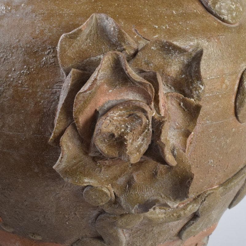 中国　飴釉　花草刻　双耳壷　時代箱　Z　8615A