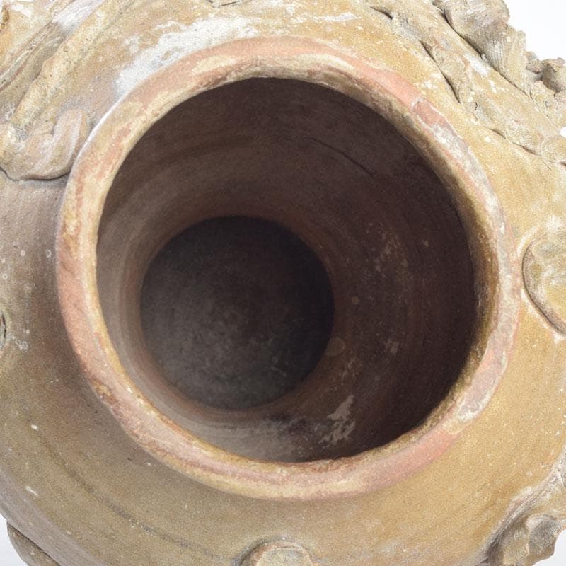 中国　飴釉　花草刻　双耳壷　時代箱　Z　8615A