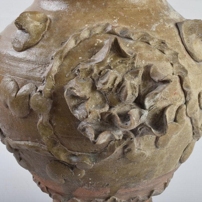 中国　飴釉　花草刻　双耳壷　時代箱　Z　8615A