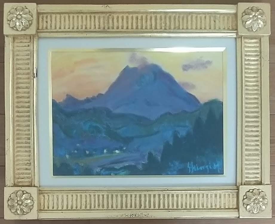 油彩画 「浅間夕景」油絵 絵画 F4 風景画 アート 額装 額縁 古径