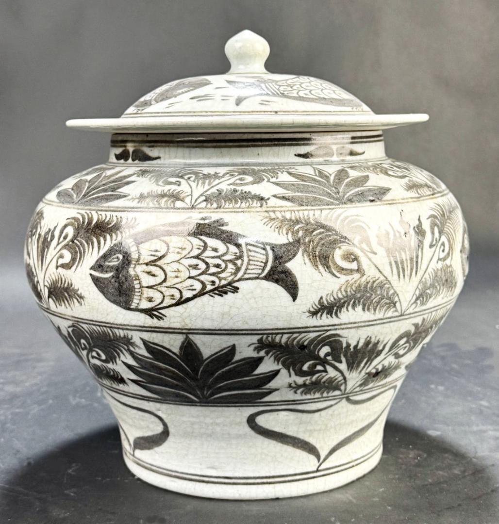 時代物 釉里紅魚藻紋盖罐 中国古玩 唐物 古陶瓷品 歴史有る年代物WWTT187